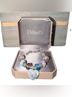 Dillards Silver Plated Heart Charm Bracelet Round Purple Aqua Beads New In Box